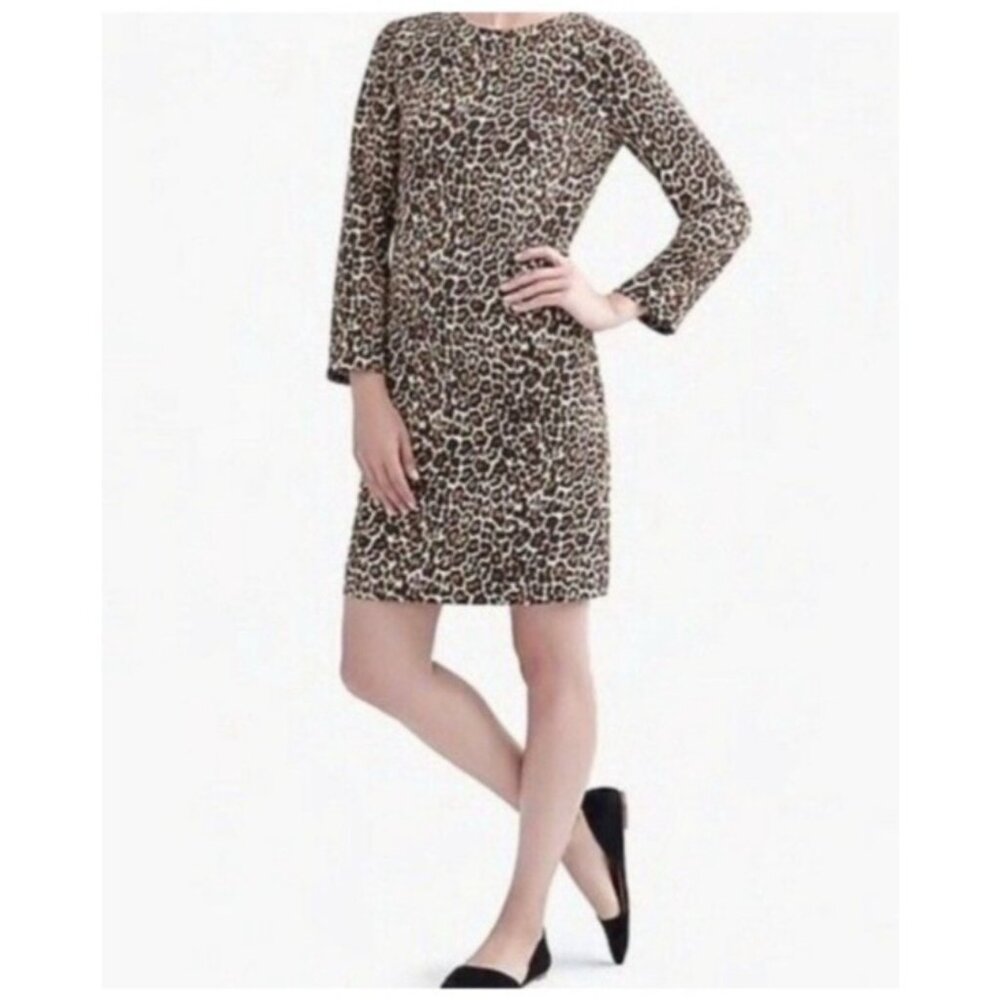J Crew Dress 8 Animal Print Brown Black 3/4 Long Sleeve Stretch Washable